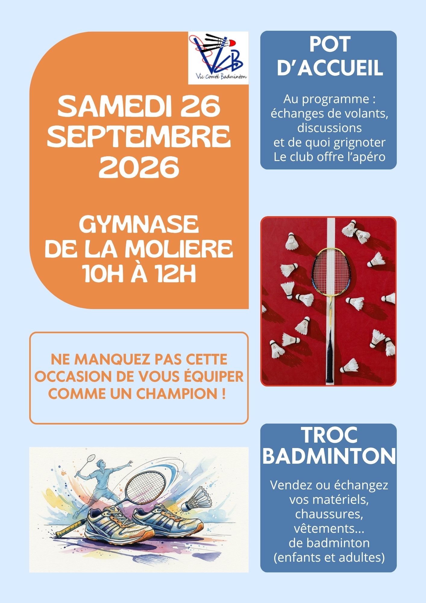 Affiche du pot d’accueil et du troc badminton du VCB, samedi 26 septembre 2026 au gymnase de la Molière