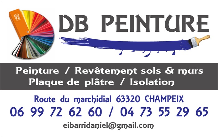 Carte de visite de DB Peinture, peinture, rev&ecirc;tement sols et murs, plaque de pl&acirc;tre et isolation, route du marchidial &agrave; Champeix