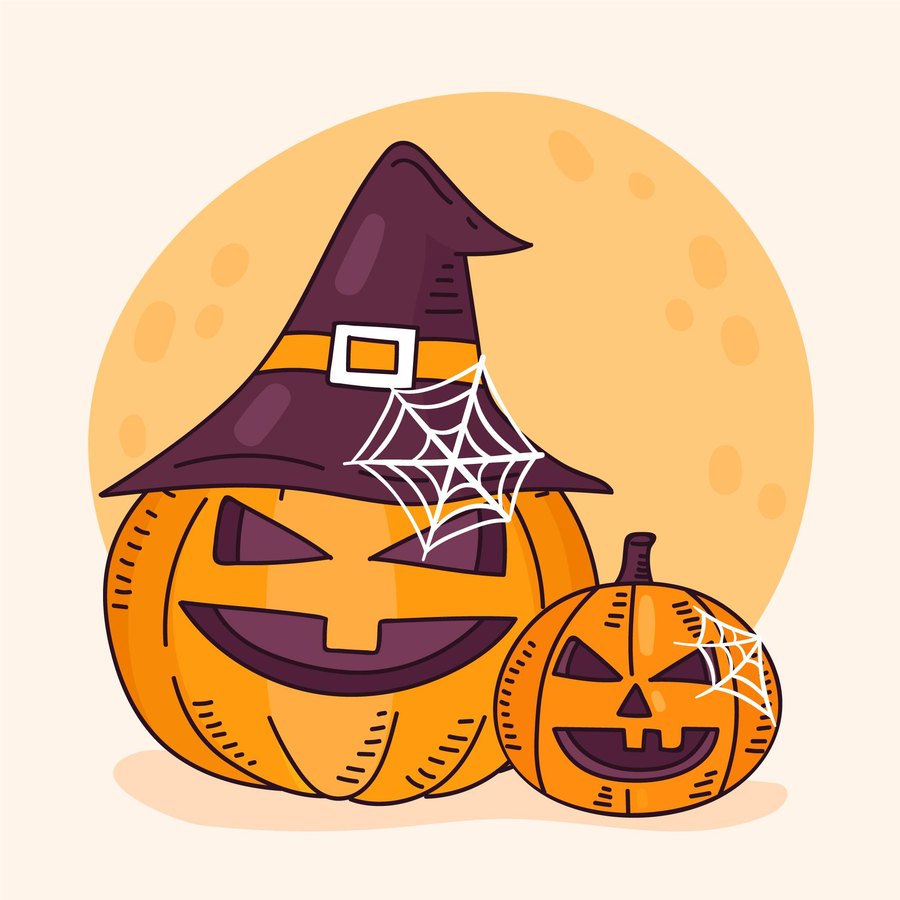 Deux citrouilles d’Halloween, l’une coiffée d’un chapeau de sorcière