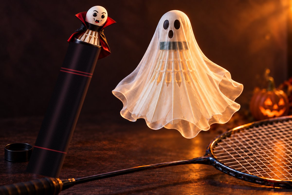 Un volant de badminton déguisé en fantôme et un autre en vampire, près d’une raquette et d’une citrouille